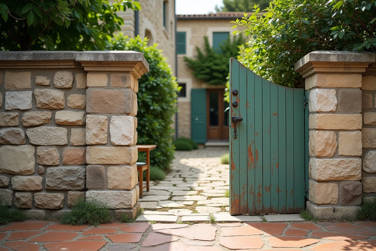 Muret en pierre calcaire avec portail métallique peint délimitant une propriété de style provençal en France