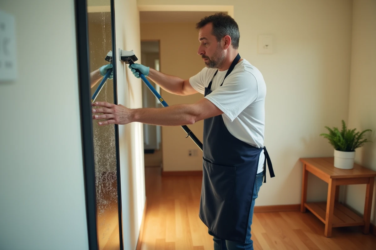 Homme utilisant une raclette pour nettoyer un miroir de couloir très sale