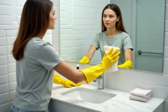 Femme nettoyant un grand miroir de salle de bain avec un chiffon microfibre et des gants jaunes