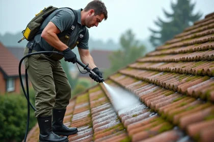 Professionnel utilisant un karcher avec perche télescopique pour nettoyer une toiture en tuiles couvertes de mousse