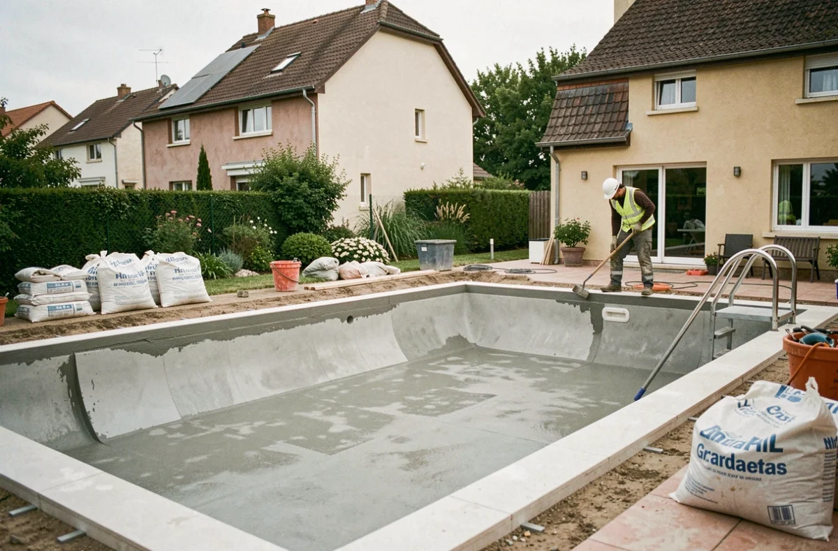 Chantier de rénovation de piscine NIMEA dans le Grand Est avec application de revêtement étanche sur les parois en béton