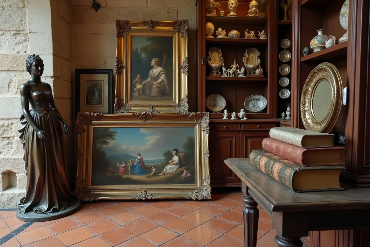 Nature morte d'objets d'art anciens dans une galerie antiquaire à Caen, avec sculptures en bronze, tableaux et livres rares