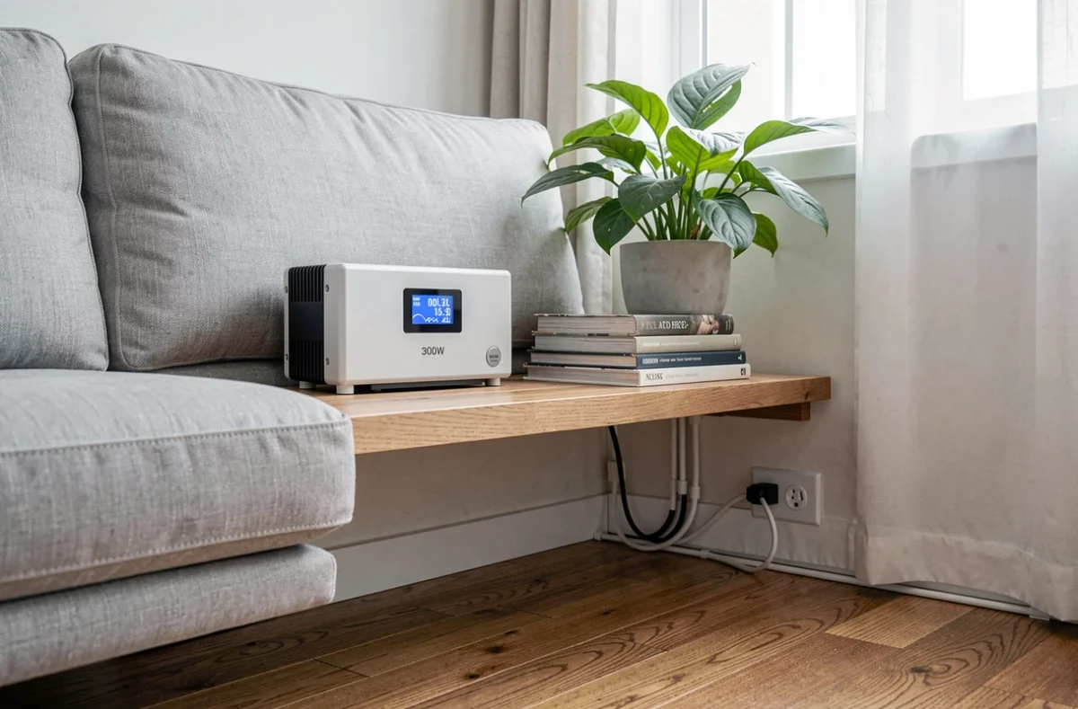 Onduleur solaire plug and play 3000W installé dans un salon moderne avec affichage de la production d'énergie