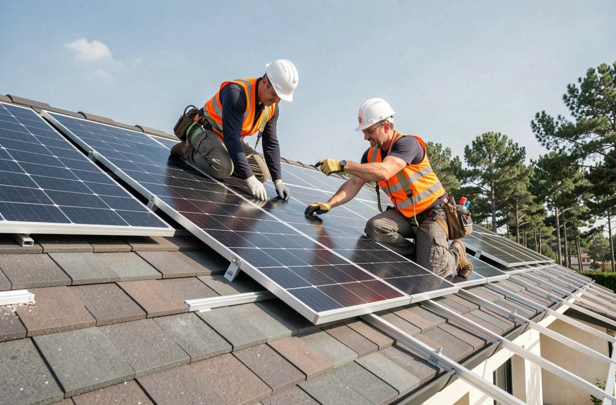 Deux techniciens Oriven en gilets de sécurité orange installant des panneaux solaires sur le toit d'une maison moderne à Toulouse