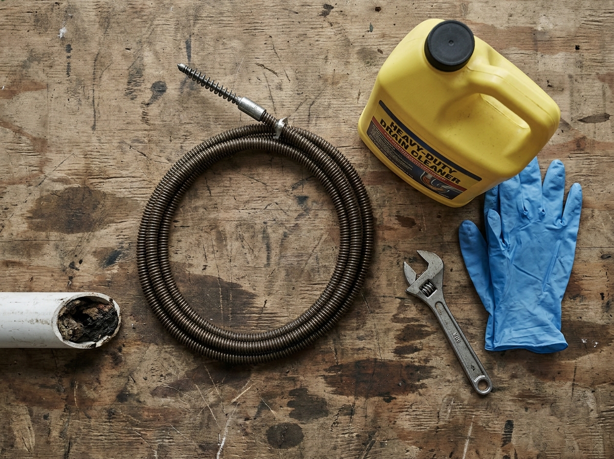 Outils de débouchage de canalisation disposés sur un établi : furet, déboucheur chimique, clé et gants