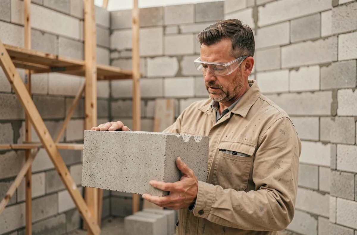 Ouvrier du bâtiment tenant un bloc de béton cellulaire Siporex sur un chantier de construction résidentiel