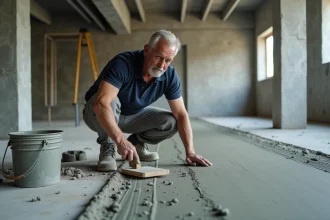 Ouvrier du bâtiment étalant une chape mortier sur un plancher en béton avec une règle de maçon