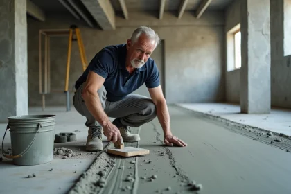 Ouvrier du bâtiment étalant une chape mortier sur un plancher en béton avec une règle de maçon