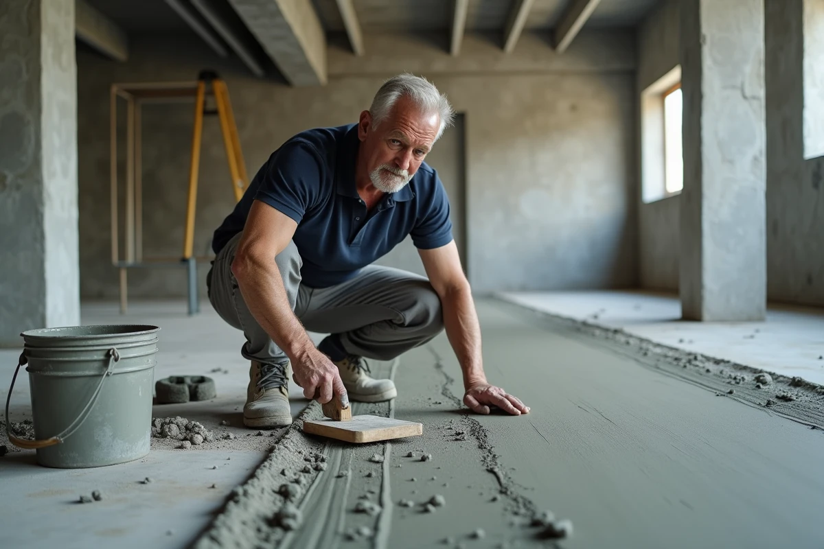 Ouvrier du bâtiment étalant une chape mortier sur un plancher en béton avec une règle de maçon