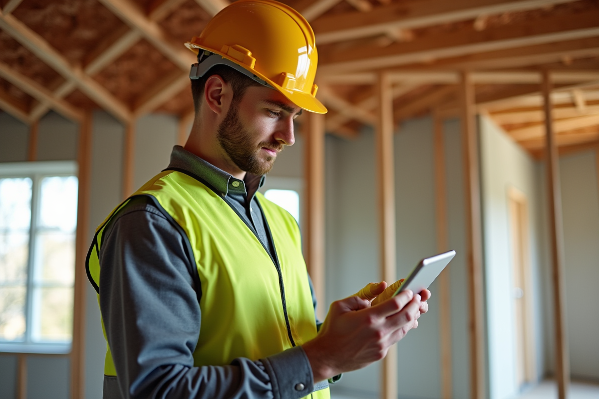 Ouvrier en sécurité utilisant une tablette sur un chantier rénové