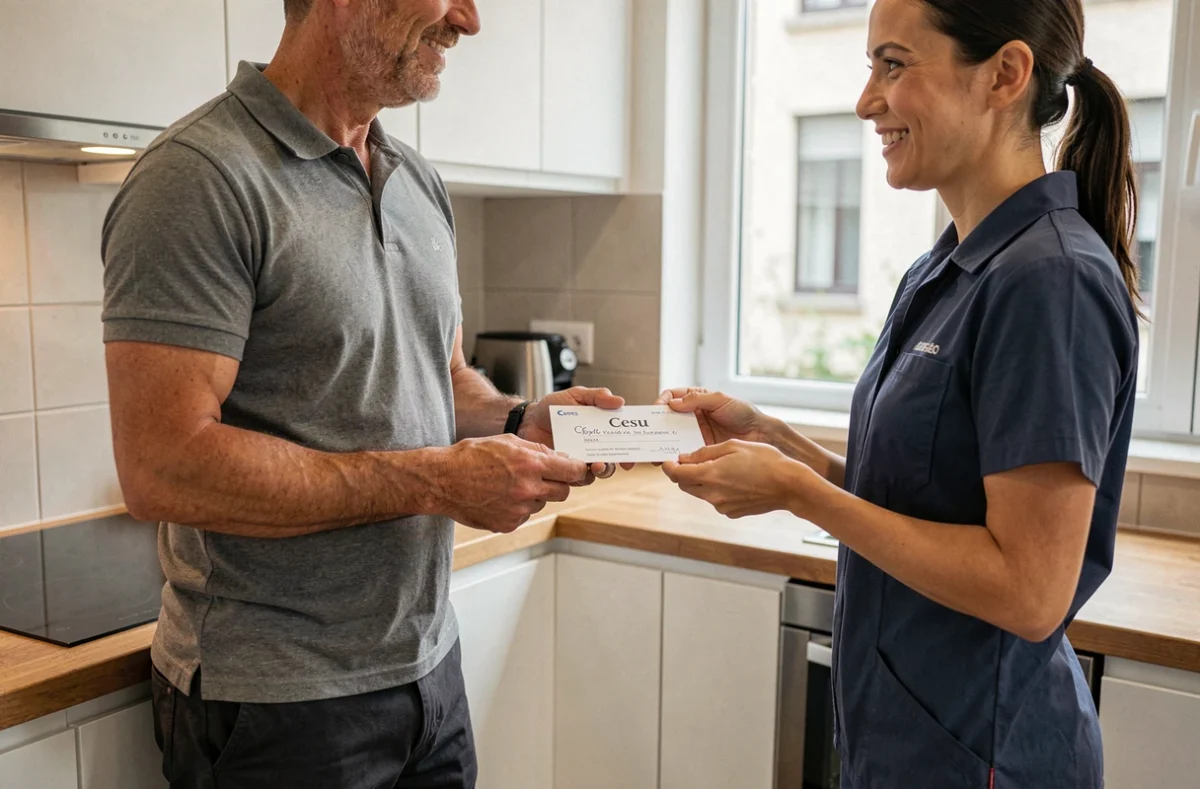 Particulier remettant un chèque Cesu à une aide ménagère dans une cuisine moderne, illustrant le paiement d'une aide à domicile