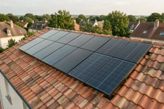 Panneaux solaires hybrides installés sur le toit d'une maison individuelle en France, combinant cellules photovoltaïques et capteurs thermiques