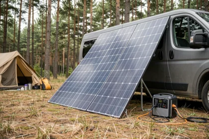 Panneau solaire pliable 400W déployé sur l'herbe dans un camping en forêt avec un van aménagé
