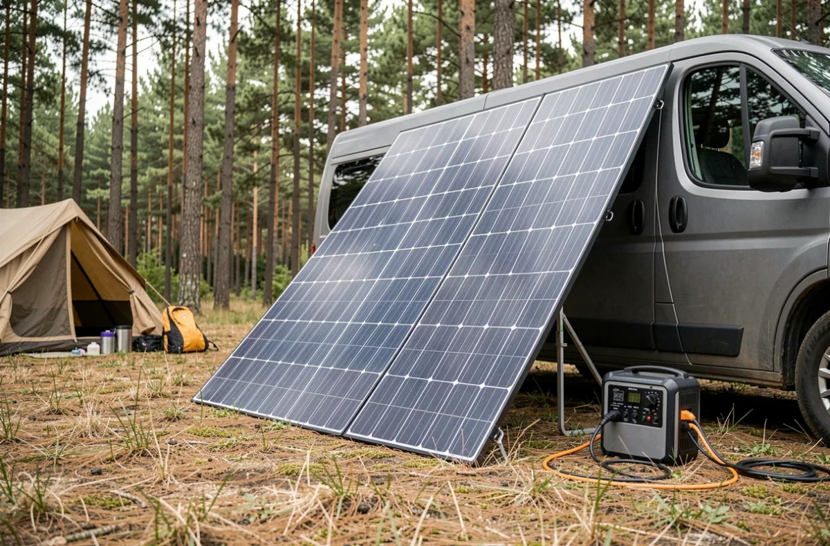 Panneau solaire pliable 400W déployé sur l'herbe dans un camping en forêt avec un van aménagé