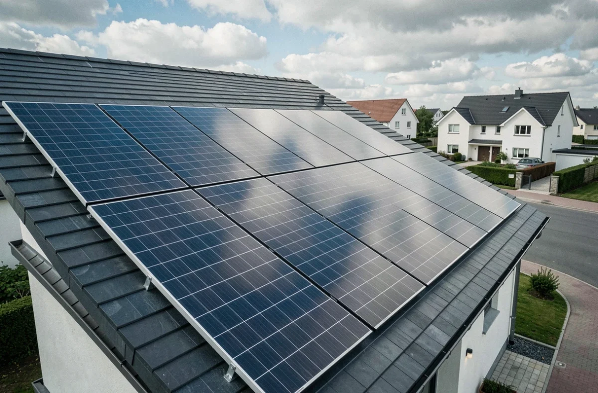 Panneaux solaires monocristallins installés sur le toit ardoise d'une maison moderne en zone résidentielle