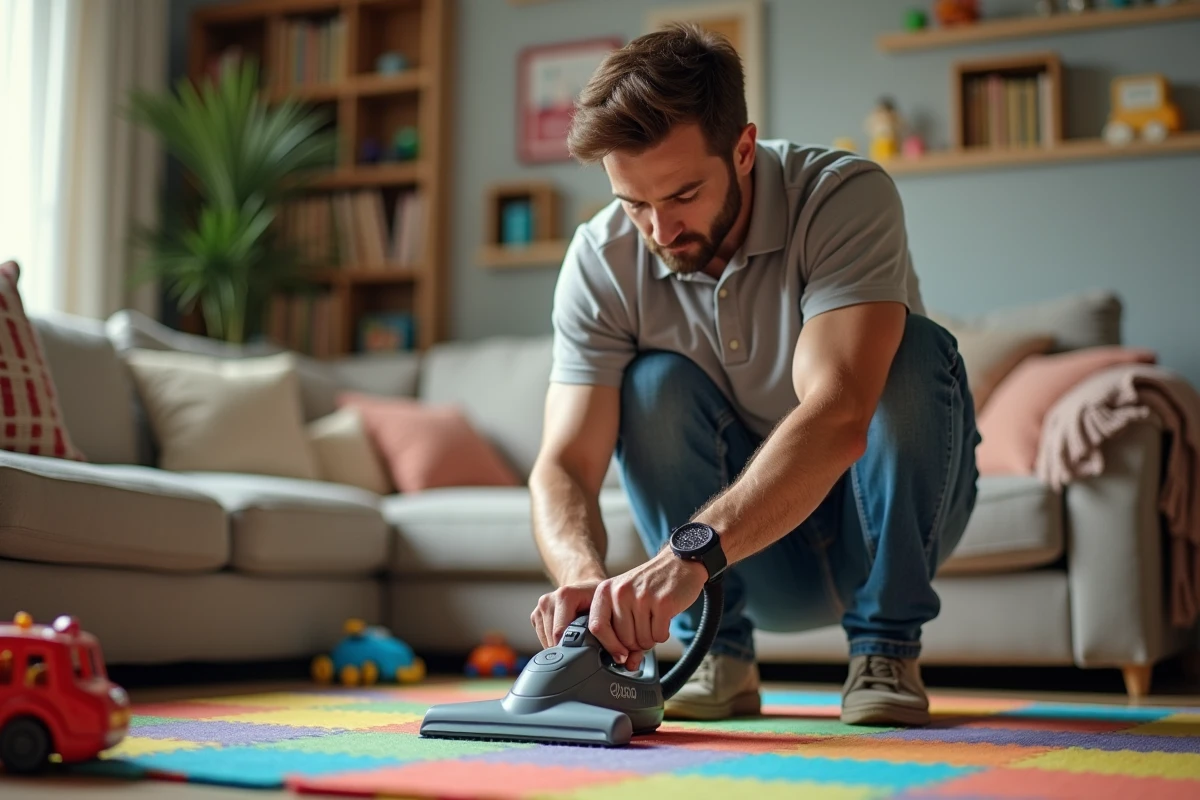 Pere nettoyant un tapis de jeu dans un salon familial