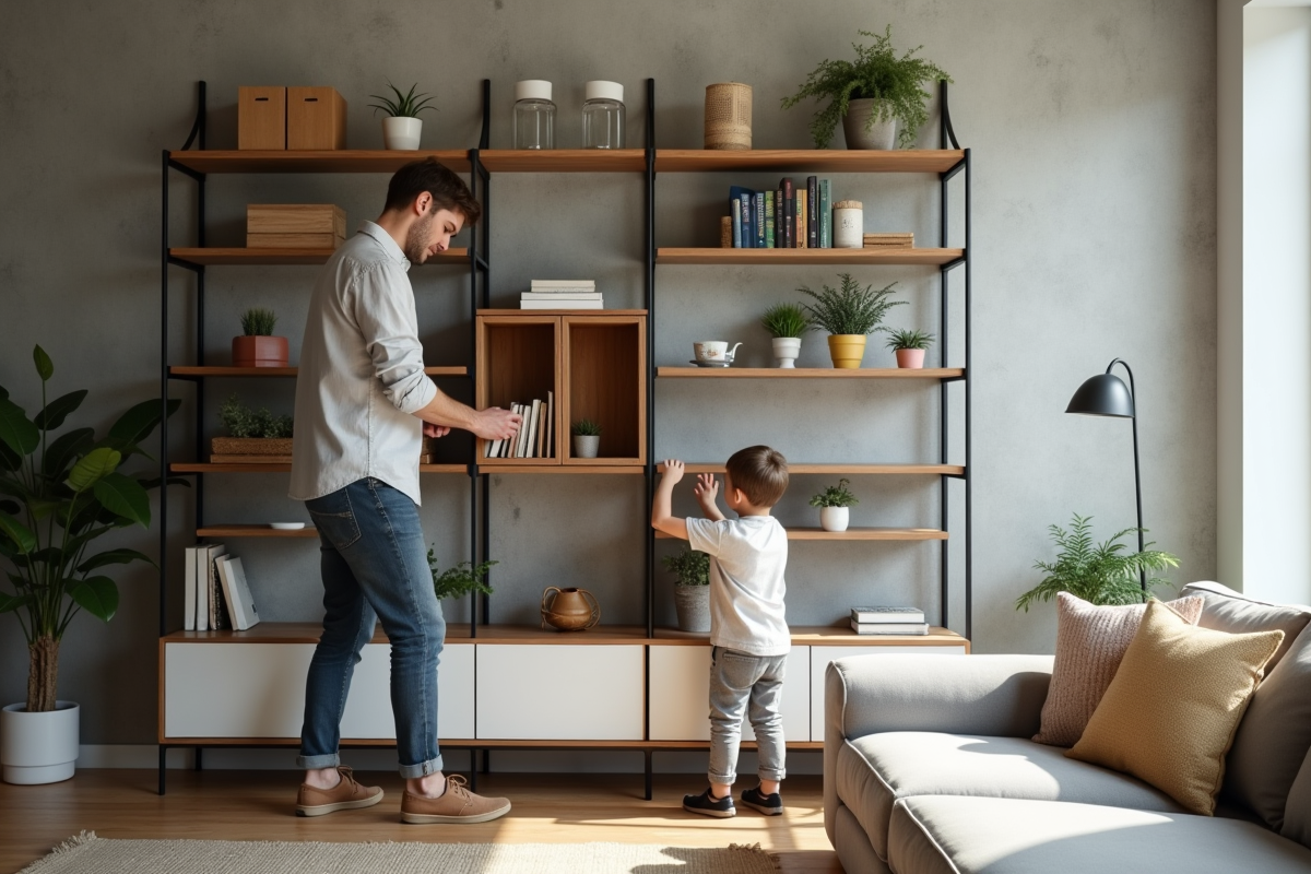 Pere organisant une étagère avec son fils dans le salon