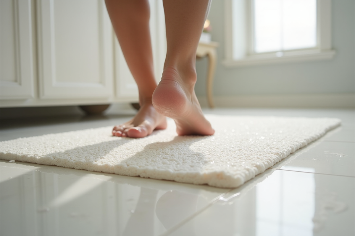 Pieds sur un tapis diatomite dans une salle de bain lumineuse
