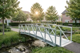 Passerelle métallique galvanisée au-dessus d'un ruisseau dans un jardin