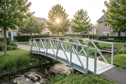 Passerelle métallique galvanisée au-dessus d'un ruisseau dans un jardin