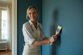 Femme appliquant une peinture mate de luxe bleu marine sur un mur d'appartement parisien avec un large pinceau plat