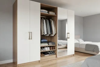 Penderie intégrée moderne avec portes blanches mates et poignées en laiton brossé dans une chambre minimaliste