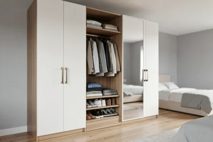 Penderie intégrée moderne avec portes blanches mates et poignées en laiton brossé dans une chambre minimaliste