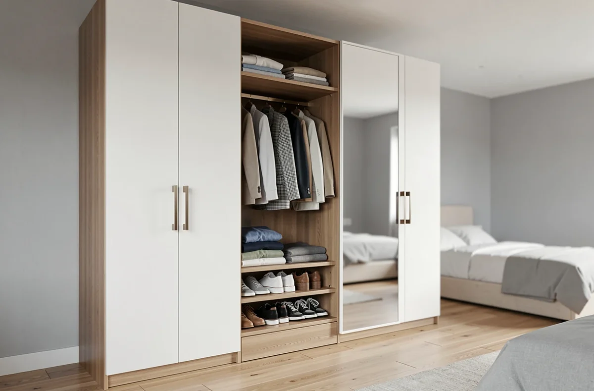Penderie intégrée moderne avec portes blanches mates et poignées en laiton brossé dans une chambre minimaliste