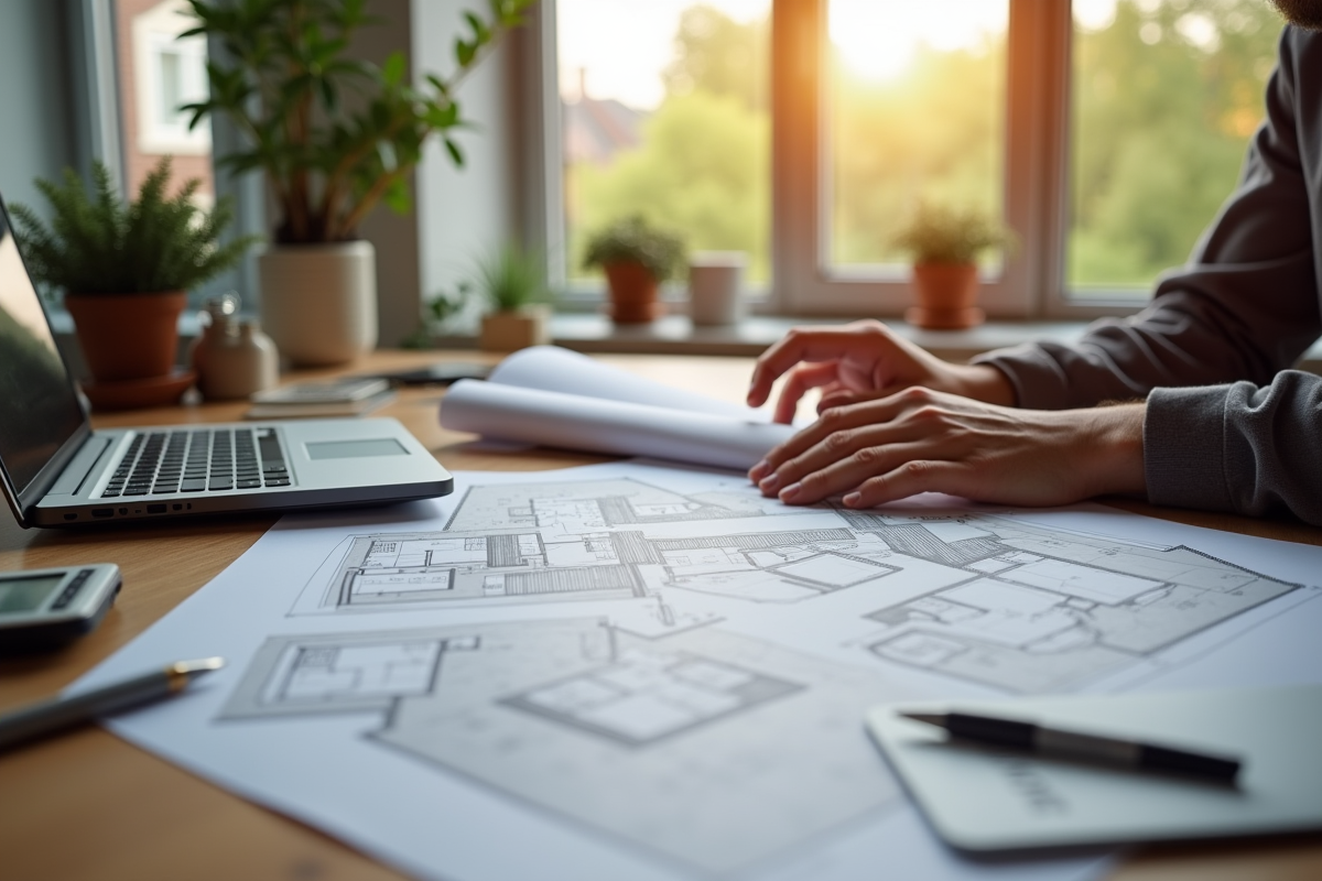 Personne dans un bureau lumineux examinant plans d