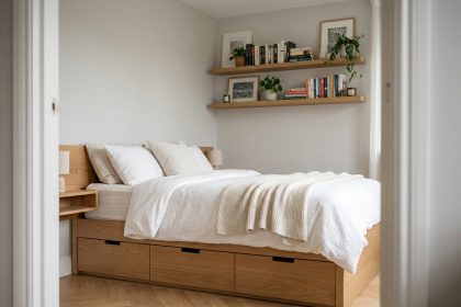 Petite chambre optimisée avec lit plateforme à tiroirs de rangement intégrés et étagères murales flottantes