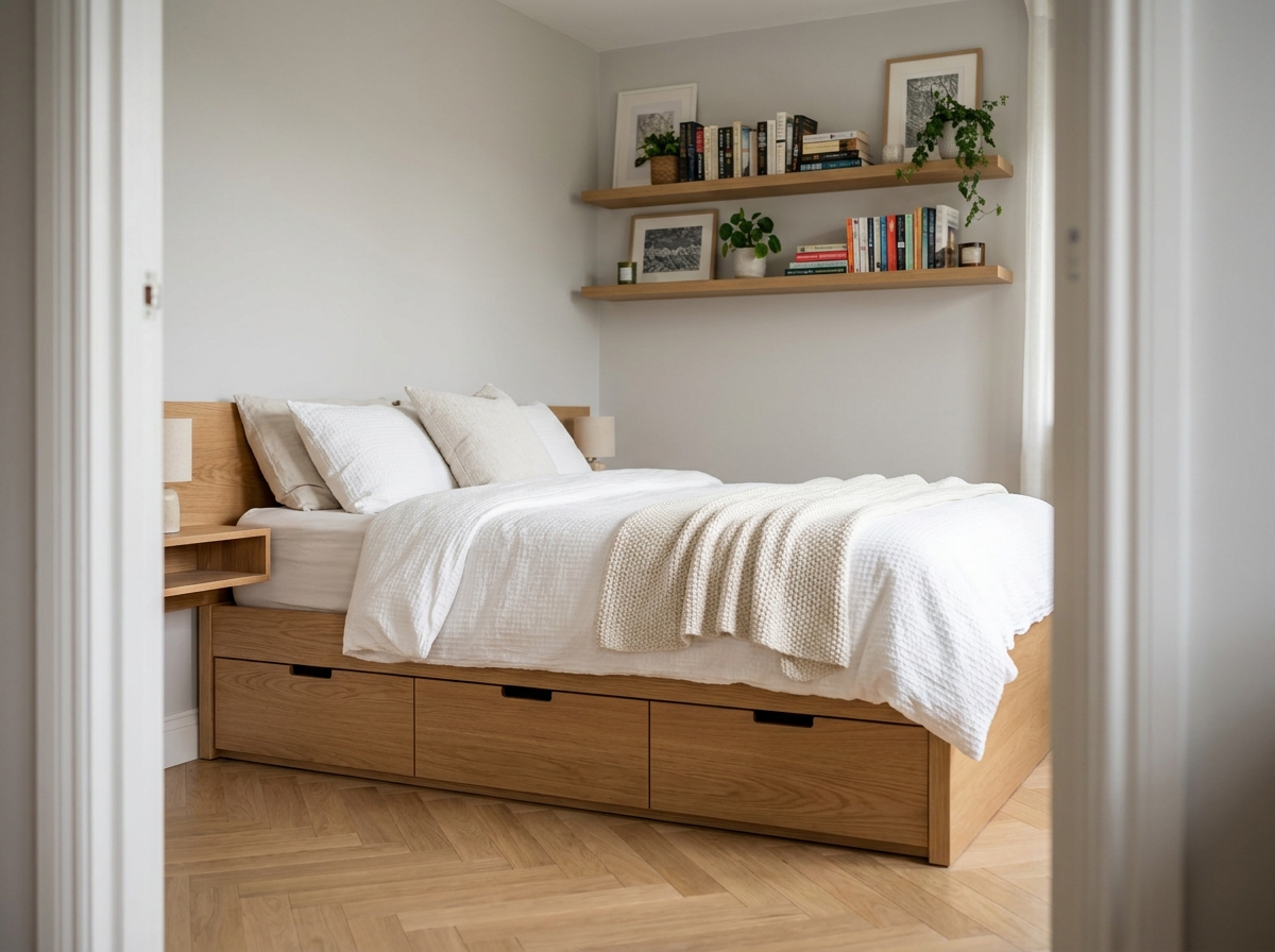 Petite chambre optimisée avec lit plateforme à tiroirs de rangement intégrés et étagères murales flottantes