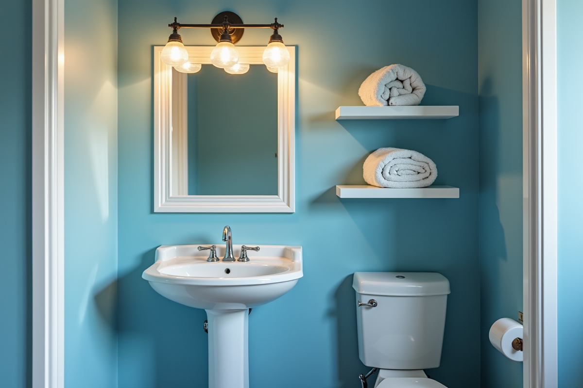 Petite salle de bain colorée avec éclairage et rangements