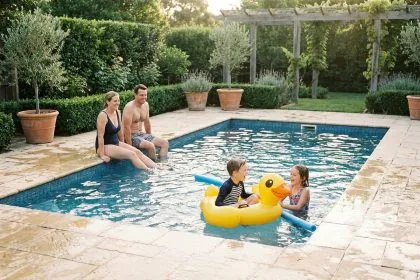 Famille profitant d'une piscine rectangulaire familiale dans un jardin avec terrasse en pierre naturelle et haies vertes