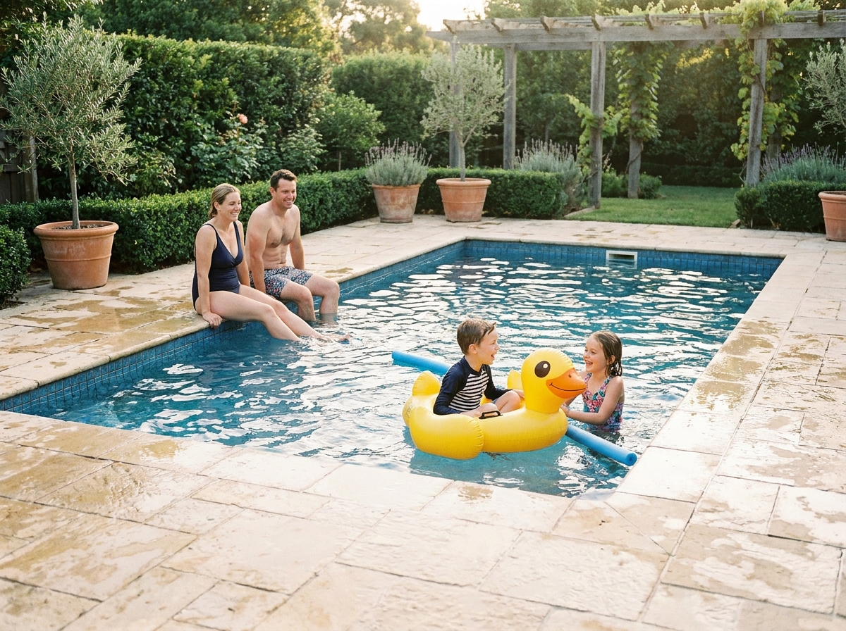 Famille profitant d'une piscine rectangulaire familiale dans un jardin avec terrasse en pierre naturelle et haies vertes