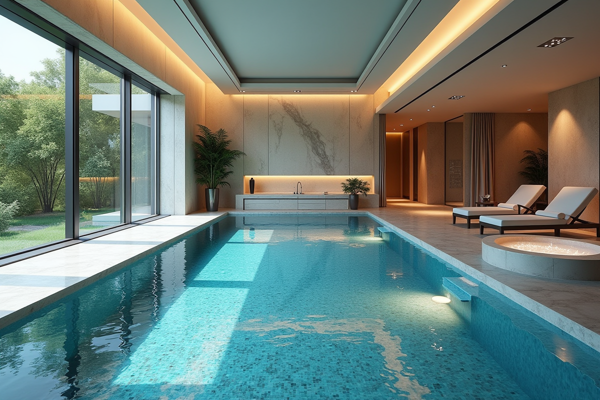 Piscine intérieure avec mosaïque et vue sur le jardin