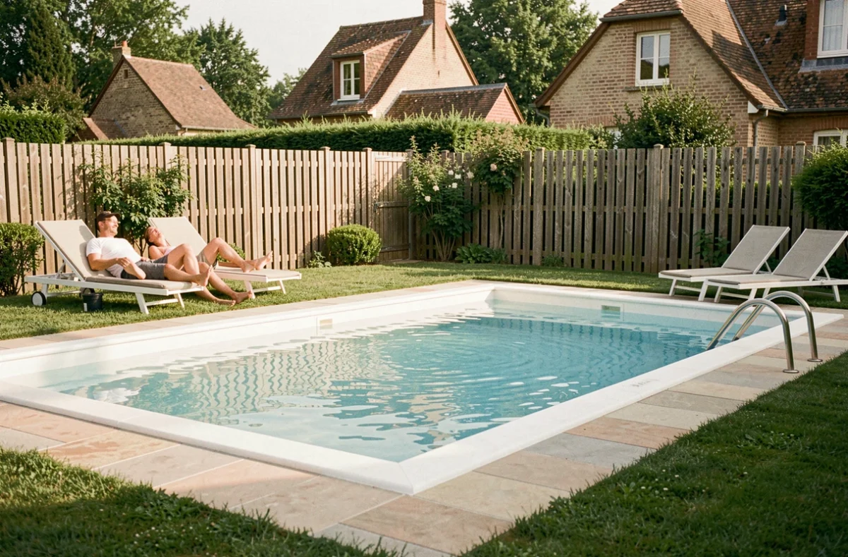 Piscine rectangulaire Desjoyaux dans un jardin familial avec couple se reposant au bord de l'eau dans le Grand Est