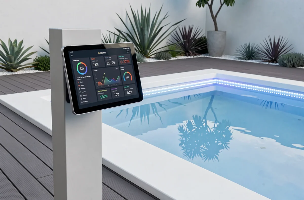 Piscine connectée Magiline avec interface de contrôle numérique et design contemporain dans un jardin minimaliste