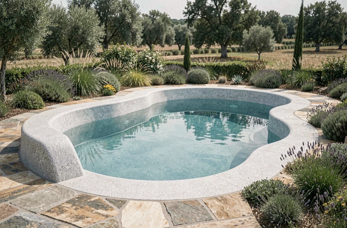 Piscine béton monobloc Marinal à forme libre avec revêtement granulat et terrasse en pierre naturelle