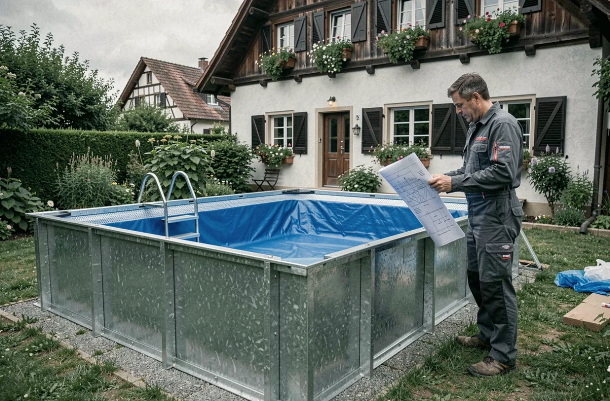 Montage d'une piscine Waterair en kit dans un jardin alsacien avec panneaux préfabriqués et liner bleu