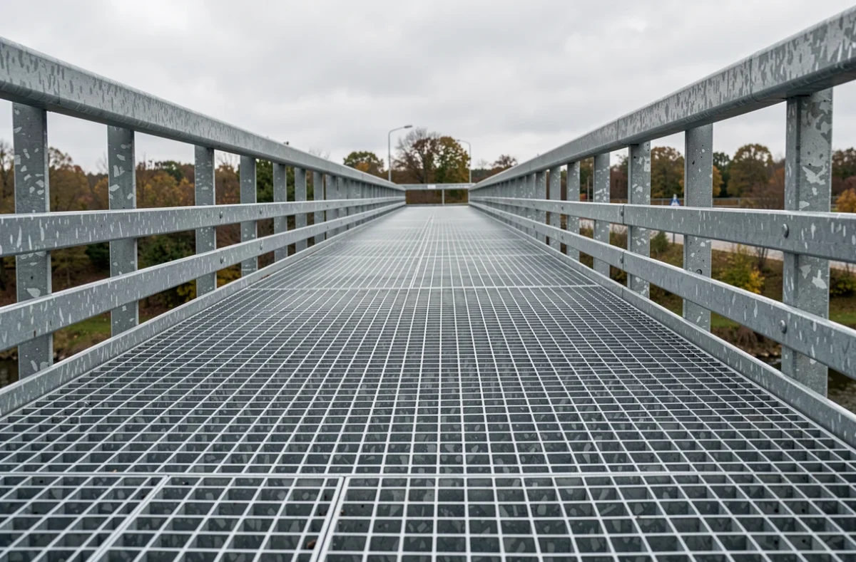 Platelage en caillebotis et garde-corps d'une passerelle en acier galvanisé
