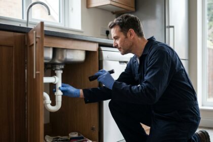 Plombier inspectant un siphon sous un évier de cuisine lors d'une intervention de débouchage d'urgence