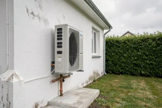 Pompe à chaleur 8 kW installée sur la façade extérieure d'une maison individuelle avec tuyauteries en cuivre