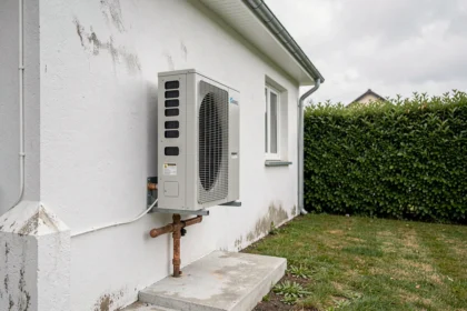 Pompe à chaleur 8 kW installée sur la façade extérieure d'une maison individuelle avec tuyauteries en cuivre