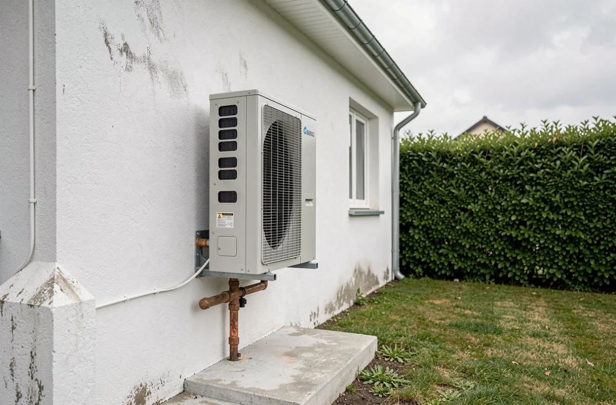Pompe à chaleur 8 kW installée sur la façade extérieure d'une maison individuelle avec tuyauteries en cuivre
