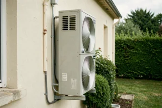Pompe à chaleur air-eau installée sur la façade extérieure d'une maison individuelle en France