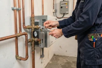 Technicien ajustant les réglages d'une pompe à chaleur installée dans une chaufferie résidentielle avec des tuyaux en cuivre