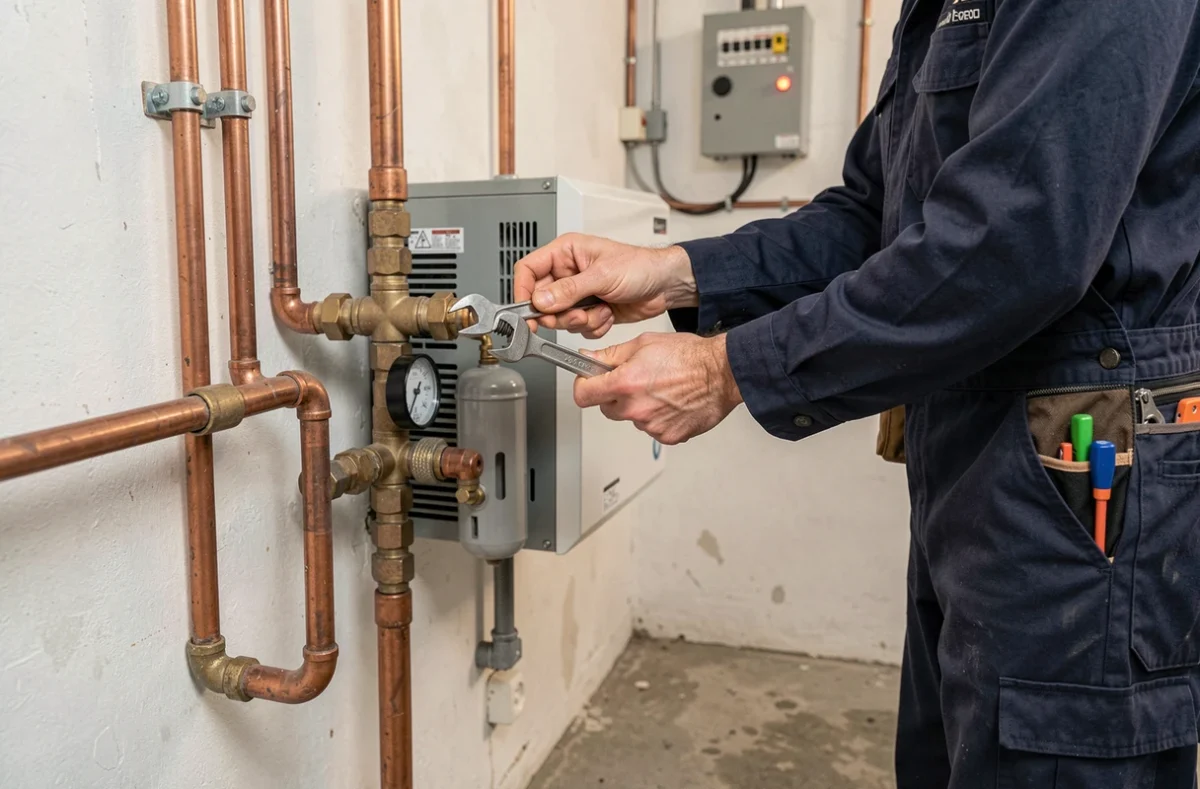 Technicien ajustant les réglages d'une pompe à chaleur installée dans une chaufferie résidentielle avec des tuyaux en cuivre