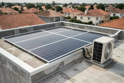 Pompe à chaleur installée sur une toiture avec des panneaux solaires photovoltaïques dans un quartier résidentiel