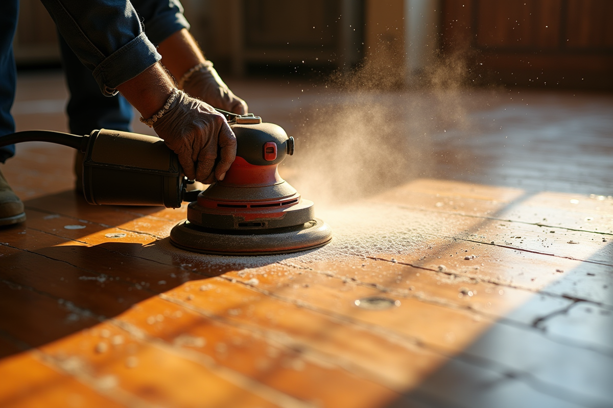 Finition avec ponceuse sur parquet ancien en détail