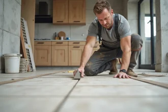 Carreleur professionnel posant du carrelage grand format en céramique dans une cuisine en rénovation, vue grand angle au ras du sol